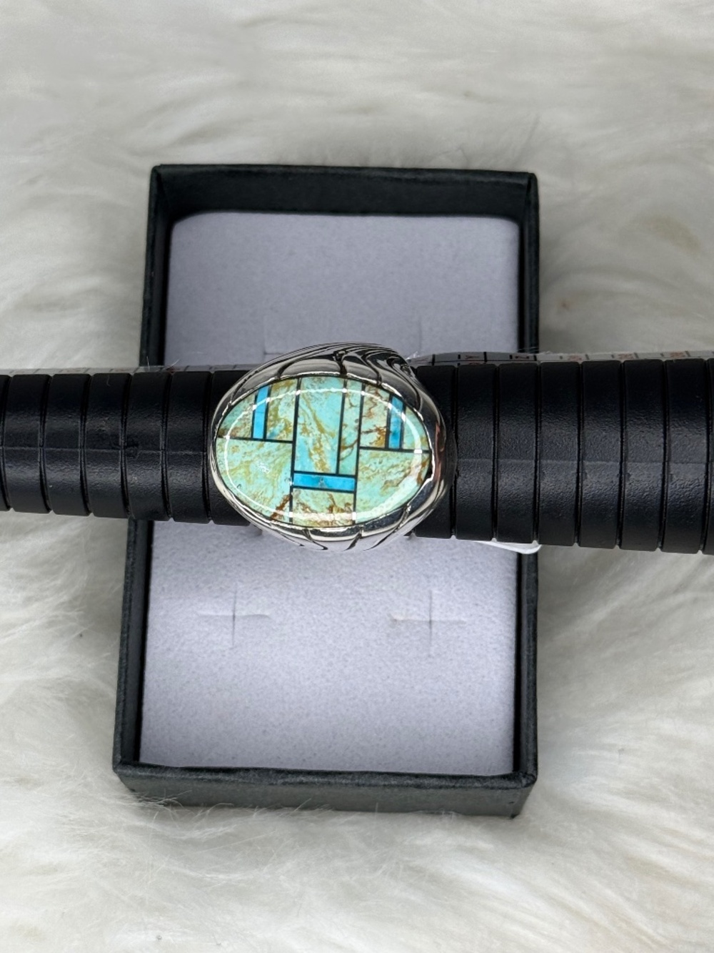 HUGE VINTAGE NAVAJO 'GREEN TURQUOISE INLAY' NATIVE AMERICAN JEWELRY SILVER RING
